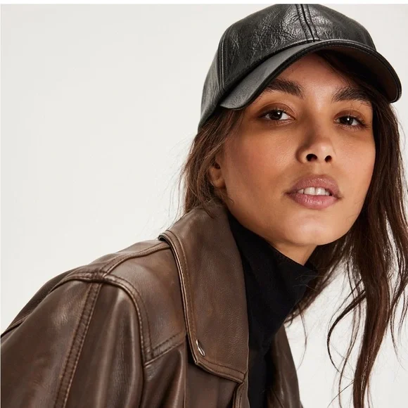 NWOT Free People Hailey Baseball Hat Faux Leather Black - Picture 1 of 7
